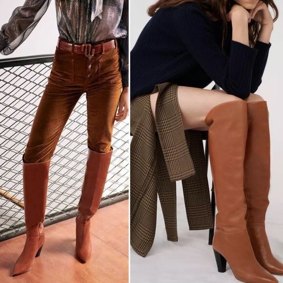 Maje Heeled Smooth Leather Cognac Brown Knee High Boots Size 39 - Picture 1 of 16